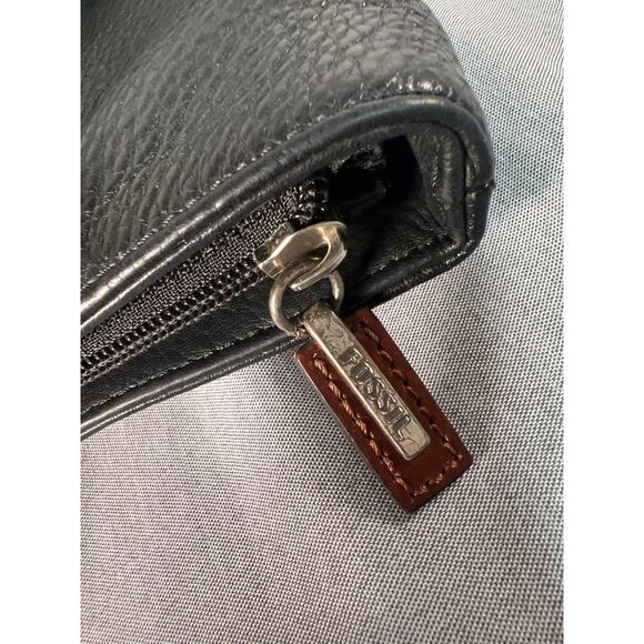 Fossil Leather Tote Bag, Black pebbled leather with brown handles. - Picture 12 of 12